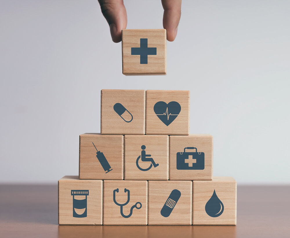  Wooden blocks stamped with hospital-related icons
